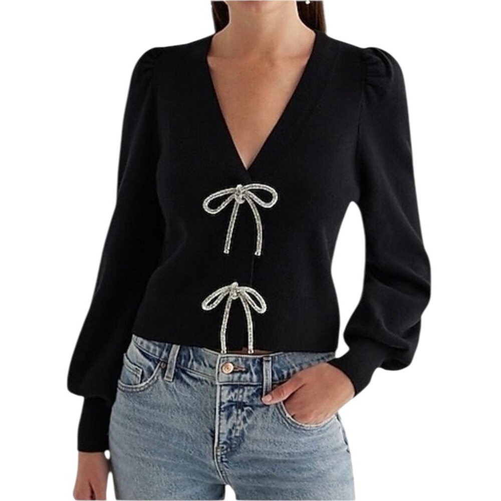 NWT Express Women’s XL Black Knit Sparkly 3D Bow Detail Cozy Cardigan Sweater